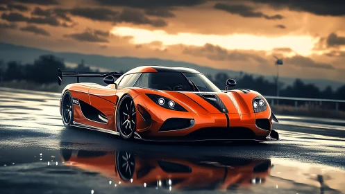 Orange hypercar reflects dramatically on wet asphalt at dusk