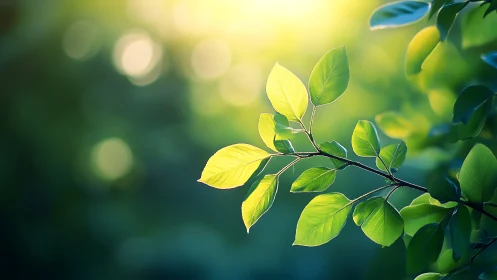 Sunlit green leaves on branch in soft bokeh nature background.