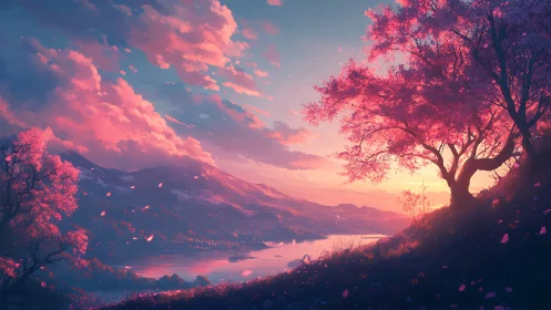 Gentle sunset over pink blossom trees by a quiet river.