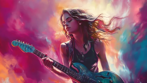 Digital painting shows woman playing electric guitar mid-frame