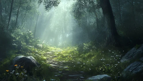 Enchanted Forest Pathway: Sunlit Woodland with Luminescent Flora.