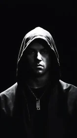 Hooded male portrait in high contrast monochrome lighting.