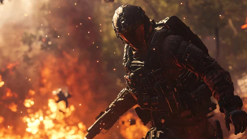 Armored tactical soldier moves forward amid heavy explosion