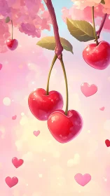 Heart-Shaped Cherries Hanging Against Pink Floral Background.