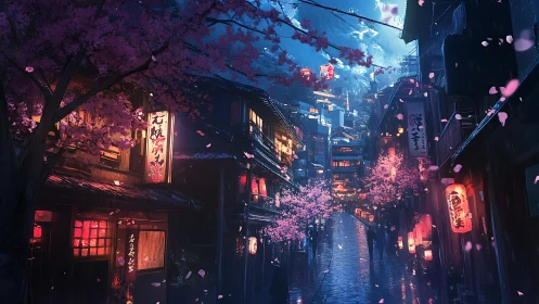 Cherry blossom lined night alley shows wet lantern lit street