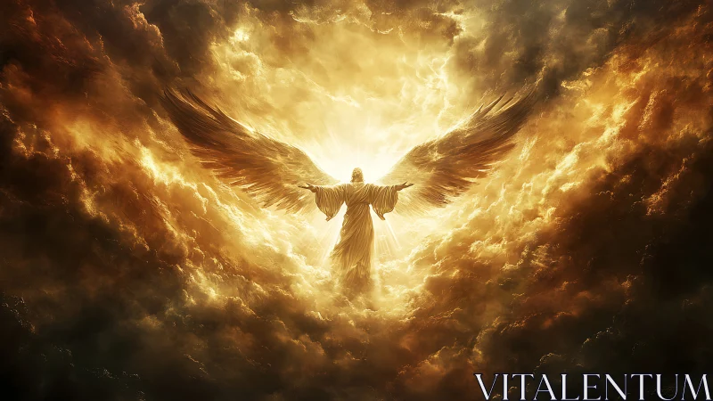 Radiant winged guardian rising through sunlit storm clouds.