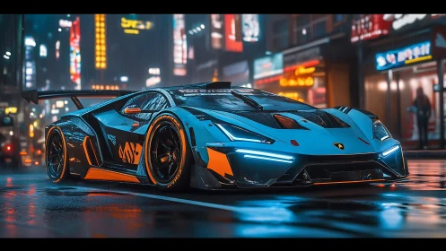 Hyperreal track-focused supercar in neon-soaked wet cityscape.