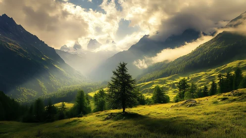 Sunlit alpine valley reveals lone tree under dramatic clouds