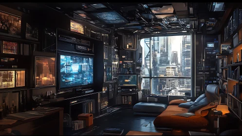 Futuristic high-rise studio integrates holographic displays and dense data walls