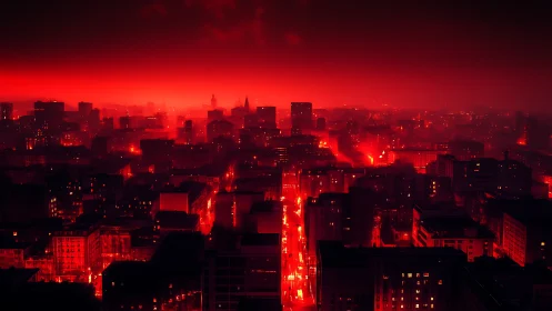 Cyberpunk red nocturne skyline with axial street perspective.