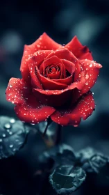 Vibrant Red Rose Glistens with Fresh Dewdrops