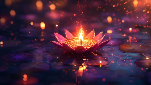 Lotus-shaped ember lantern drifts softly through twilight water