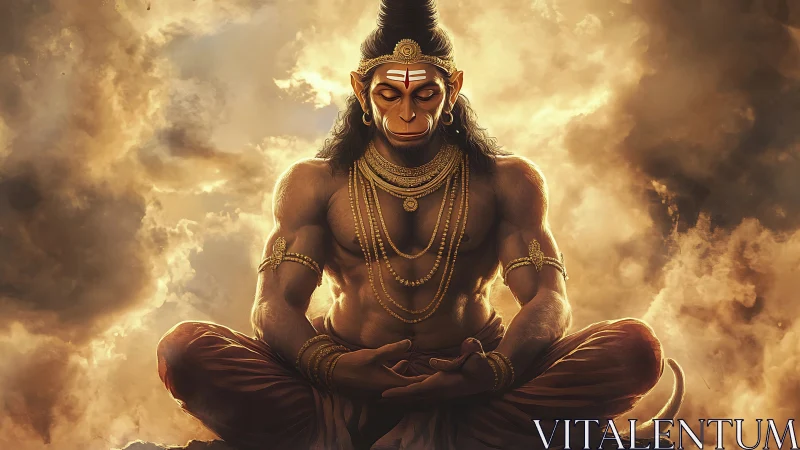 Divine warrior Hanuman in golden stormcloud meditation.
