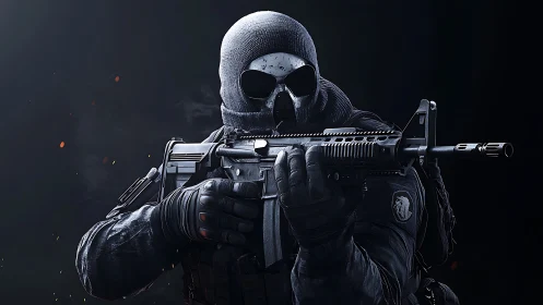 Midnight skull operative steadies a rifle in ember-flecked gloom