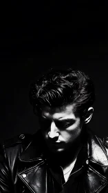 Male figure in leather jacket under high contrast lighting.