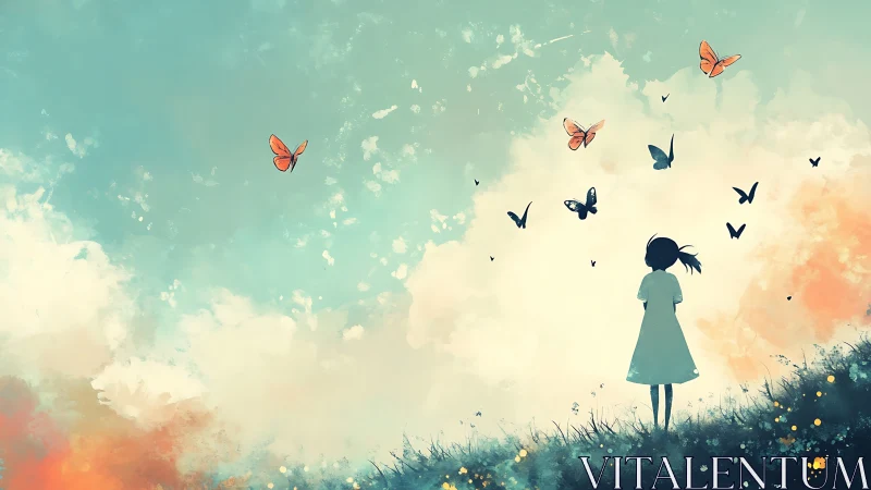 Digital painting of girl watching butterflies in luminous skyscape.