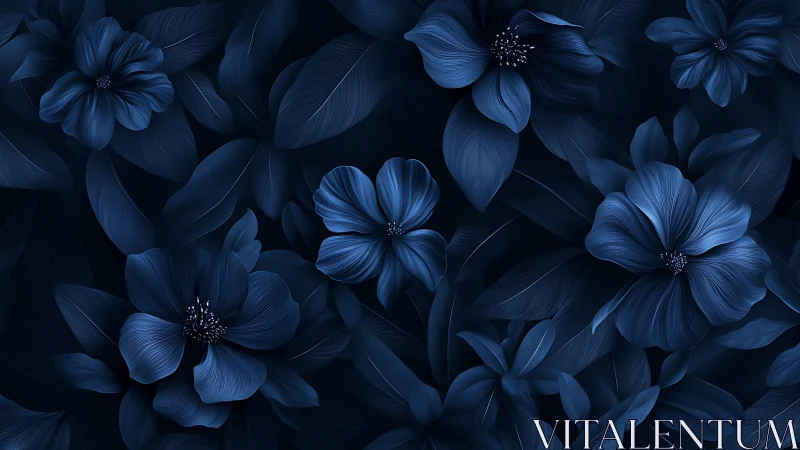 Blue Floral Composition Against Deep Navy Background.