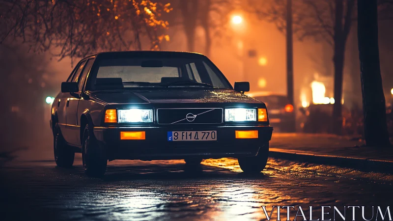 Midnight city streets welcome a classic sedan in warm fog