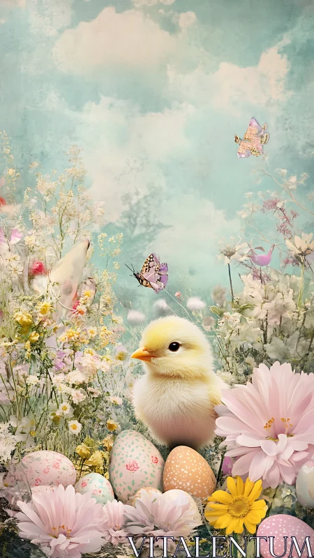 Spring chick among pastel Easter eggs and blossoms.