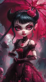 Gothic horned girl under red parasol in stylized portrait.