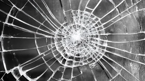 Radial fracture geometry in monochrome shattered glass study.