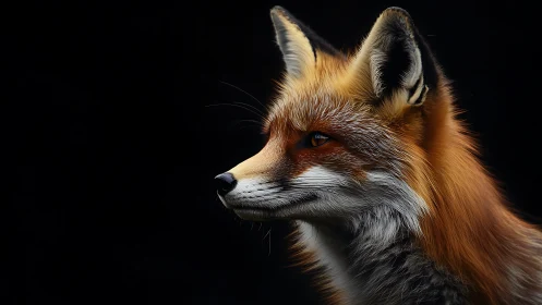 Photorealistic vulpine portrait in high-contrast profile lighting.