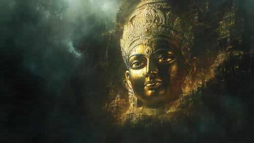 Golden serene deity face glows softly in deep misty light