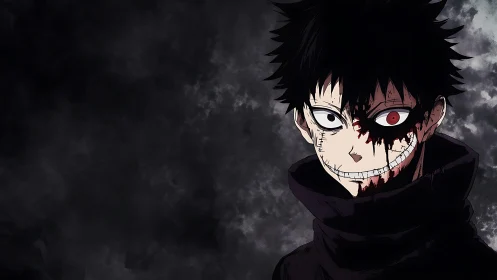 Dark-clad anime figure stands against diffuse cloudy backdrop