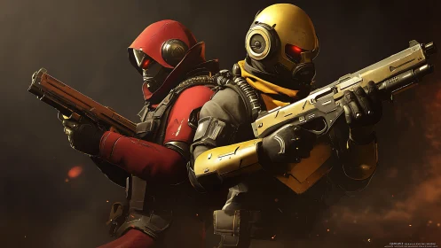 Armored sci fi soldiers back to back with rifles ready.