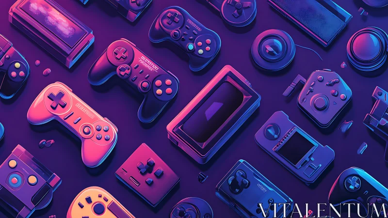 Retro game controllers glow in neon purple and pink light.