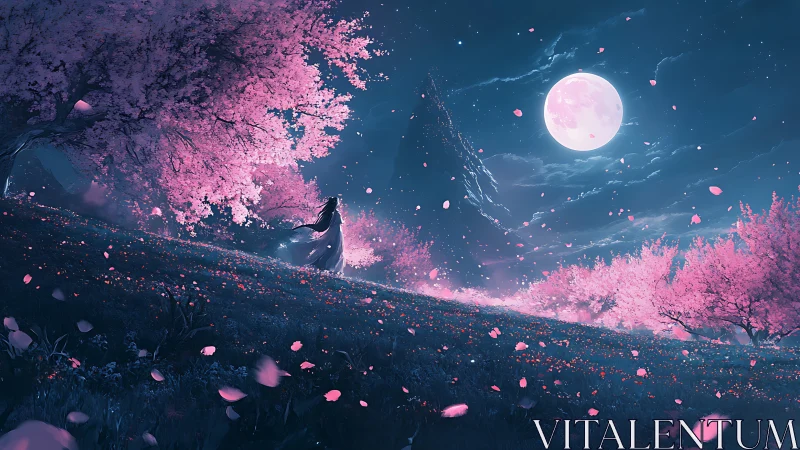 Moonlit cherry blossom valley renders ethereal nocturnal atmosphere