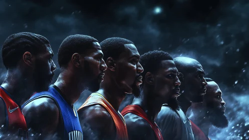 Epic basketball lineup poised under swirling night lights.