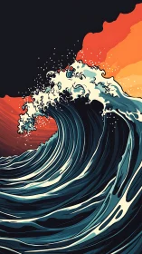 Stylized ocean wave curls under contrasting red sky