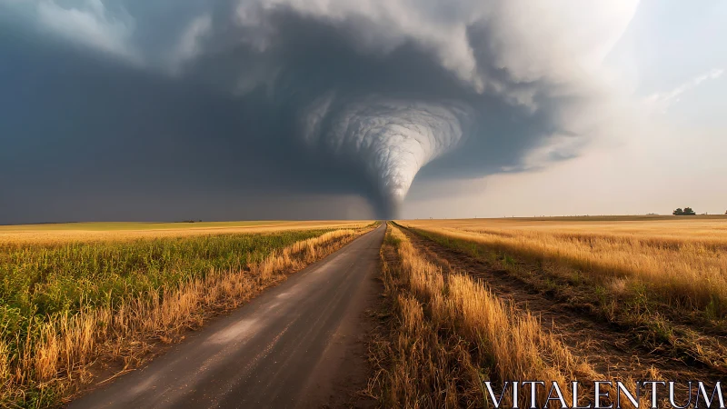 Storm-chased country road meets a towering prairie tornado