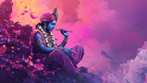 Serene blue figure rests in glowing pink and purple clouds