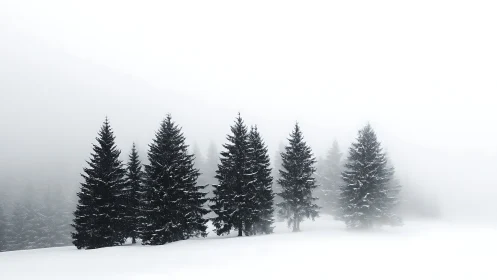 Snow covered evergreen trees in dense winter fog landscape.