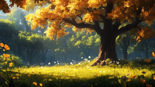 Golden Meadow Sanctuary: Luminous Autumn Forest Digital Painting.