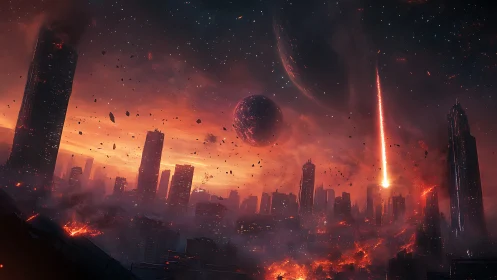 Fiery meteor storm engulfs a futuristic city in ruin.
