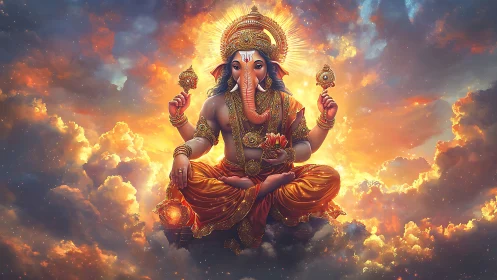 Divine elephant-headed deity amid radiant cosmic clouds.