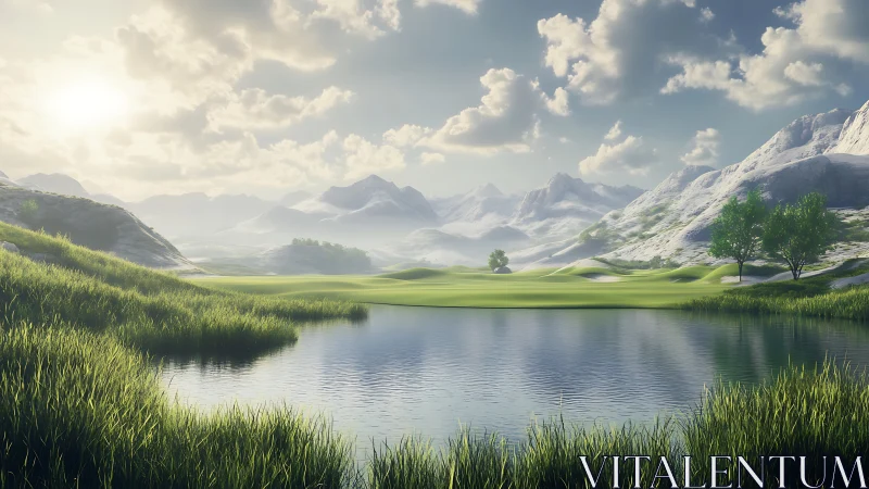 Mountain lake landscape with grassy shore under soft sunlight.