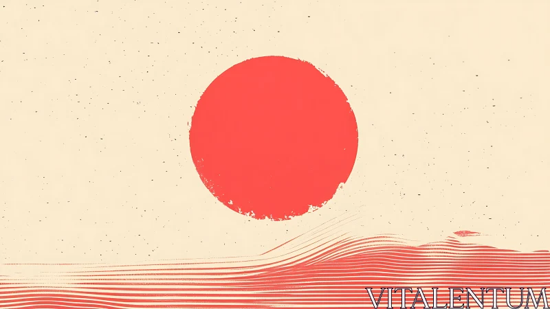 Minimalist crimson sun over abstract linear waves composition.