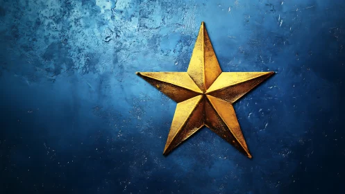 Golden metallic star relief contrasts with textured blue wall