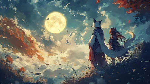 Anthro travelers gaze at a luminous moon over painted skies