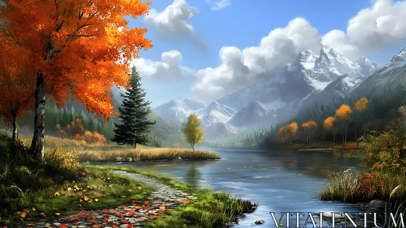 Autumn trees surround mountain lake under bright daylight