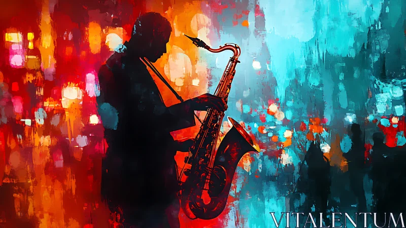 Silhouette saxophonist against abstract city lights at night.