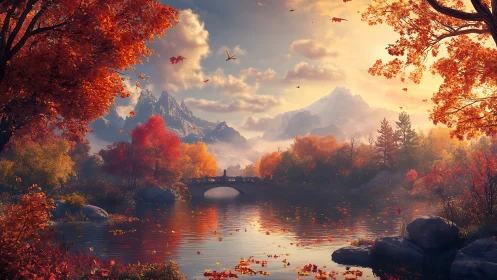 Peaceful autumn river valley under bright mountain light.