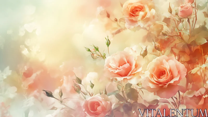 Peachy Blossoms Dance Through Golden Mist.