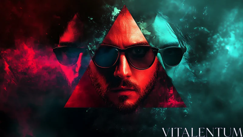 Prismatic rebel in neon smoke, split by a glowing triangle.