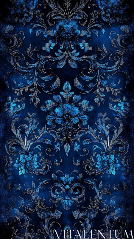Rich blue floral damask pattern with ornate scrollwork.