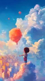 Dreaming boy on cloud above city with glowing balloon.